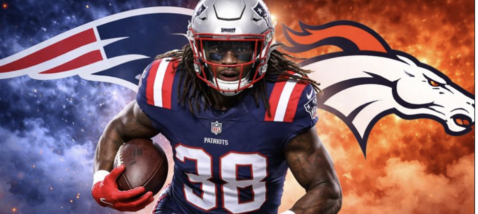 Rhamondre Stevenson superimposed against a Patriots vs. Broncos backdrop