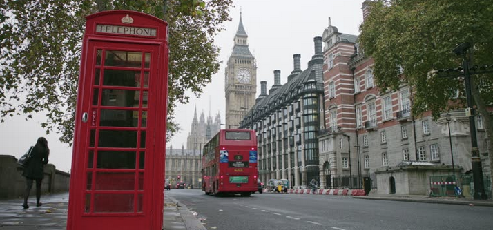 UK street with phone booth and Big Ben in background 