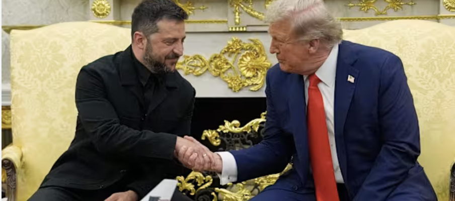 US President Donald Trump shaking hands with Ukraine President Volodymyr Zelenskyy