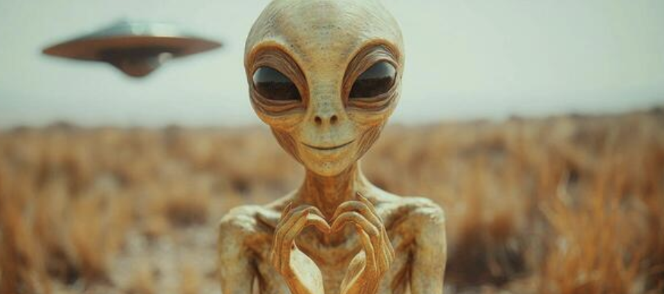 Alien with UFO in background