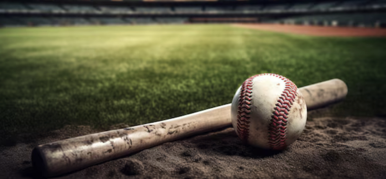 Baseball and bat on grass