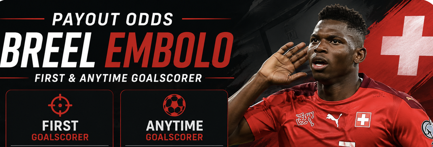 First, Anytime Goal Scorer Prop Bet Payout Odds - Switzerland v Algeria:  Breel Embolo, Dan Ndoye, Johan Manzambi