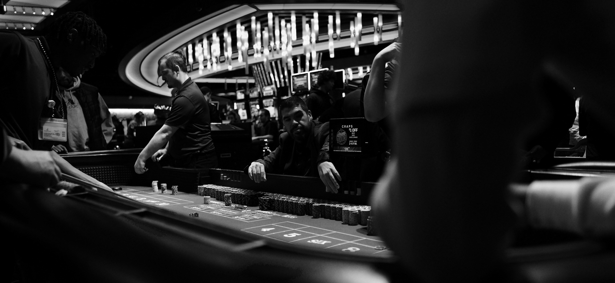 black and white photo of a casino setting