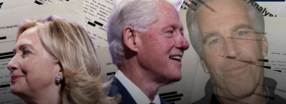Jeff Epstein in backdrop of Bill and Hillary Clinton