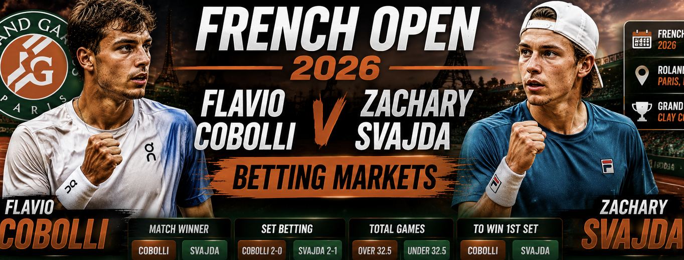 2026 French Open Betting Markets, Payout Odds: Flavio Cobolli v Zachary Svajda