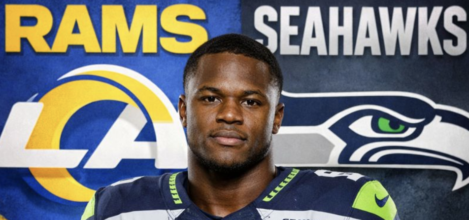 Kenneth Walker in front of a Rams vs. Seahawks graphic