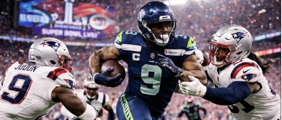 Kenneth Walker III playing in the Super Bowl against New England Patriots