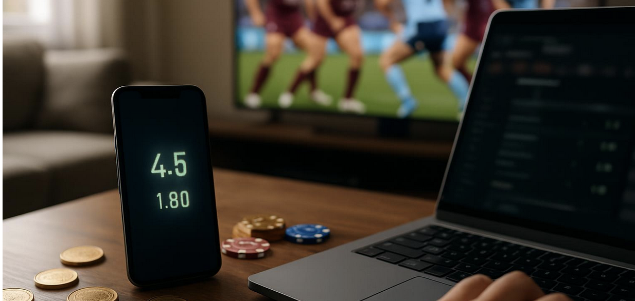 Laptop and smartphone with soccer game on TV in background