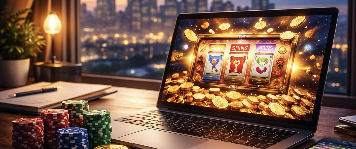 Laptop in front of city skyline with casino chips on the side