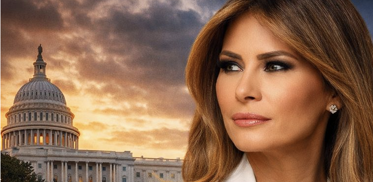 Melania documentary with First Lady superimposed near Capitol building 
