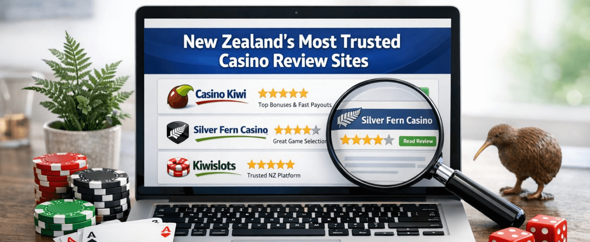 Online casinos from New Zealand ranked appearing on a laptop