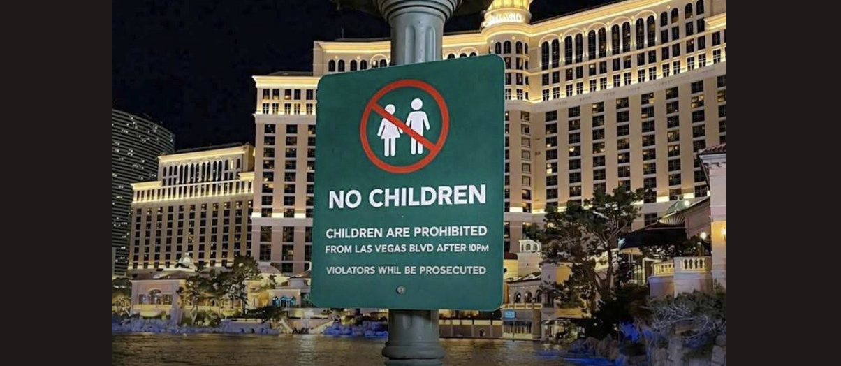 No children Las Vegas sign with Bellagio in background