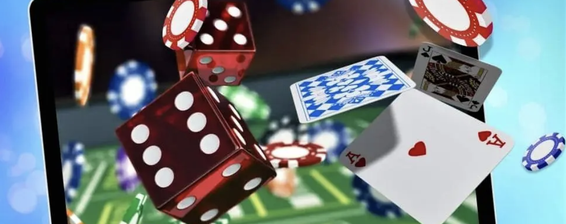 online casino with cards and dice appearing to come forward