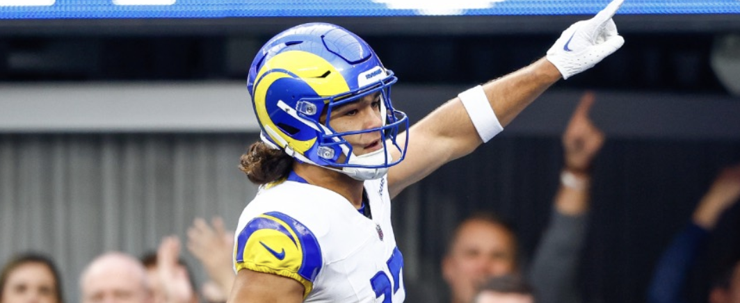 Puka Nacua raising his arm forward