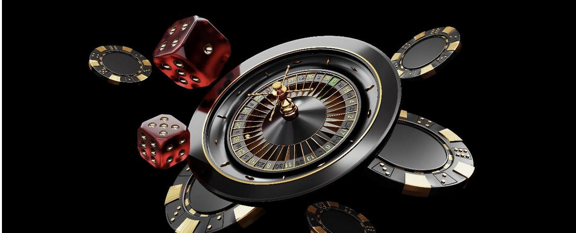 Roulette wheel, dice, chips