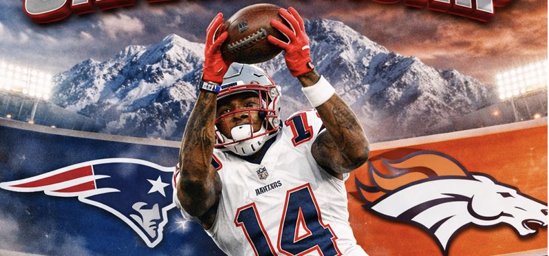 Stephon Digs catching football in front of Patriots vs. Broncos graphic