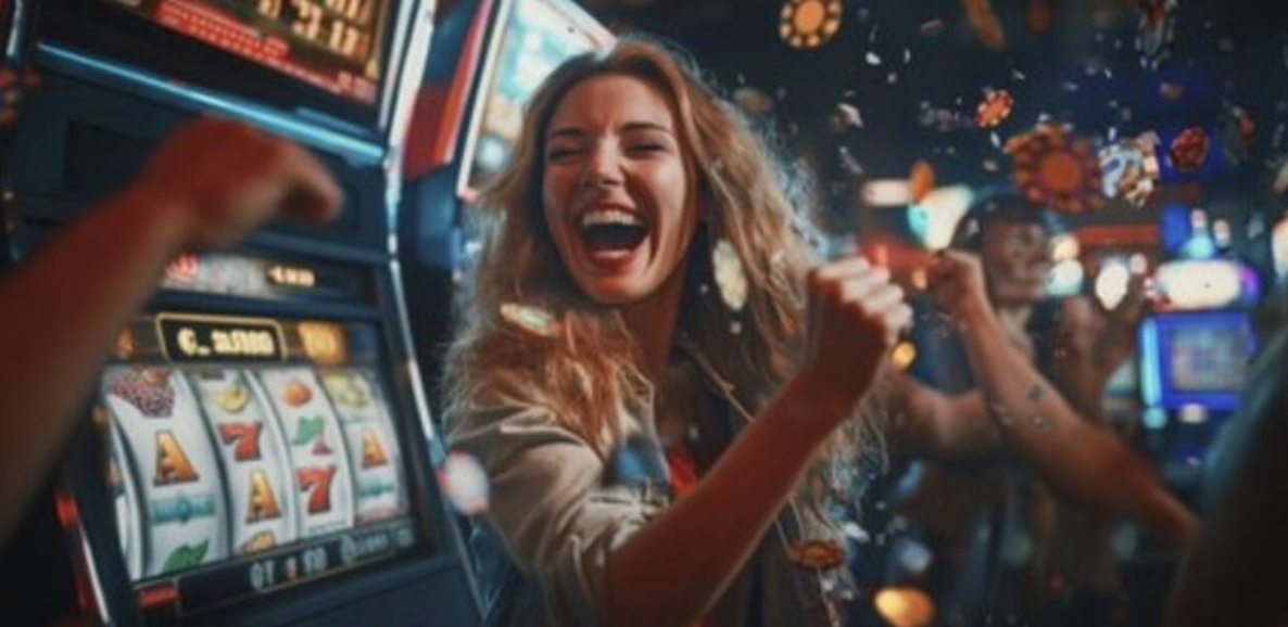 Woman celebrates by slot machines