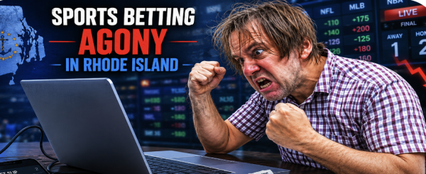 Angry man with headline for Rhode Island sad sports betting offerings