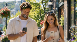 Couple walks down a sunny street with shopping bags while checking their phones.