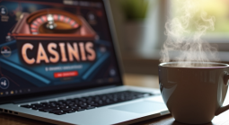 Laptop in front of a cup of coffee