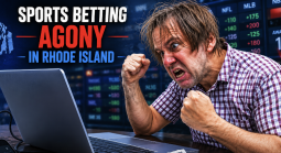 Angry man with headline for Rhode Island sad sports betting offerings