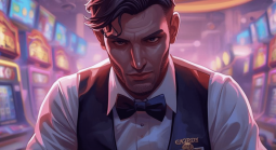 Casino dealer surrounded by slots in backdrop 