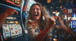 Woman celebrates by slot machines