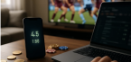Laptop and smartphone with soccer game on TV in background
