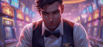 Casino dealer surrounded by slots in backdrop 